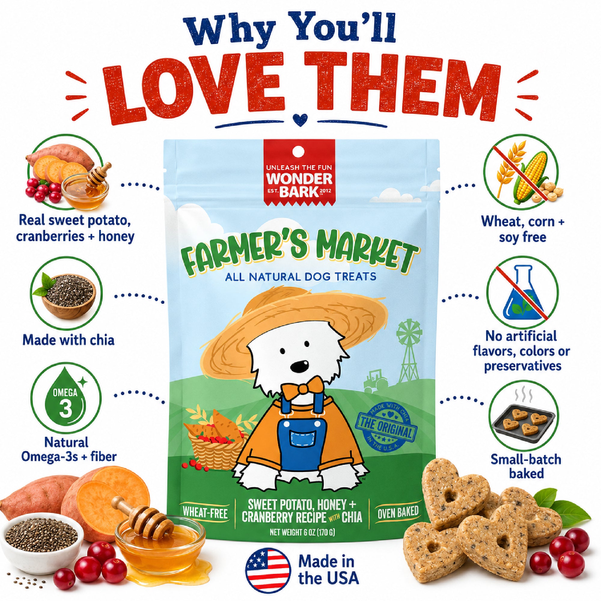 Farmer’s Market Baked Dog Treats – Sweet Potato & Cranberry, All-Natural, USA Made