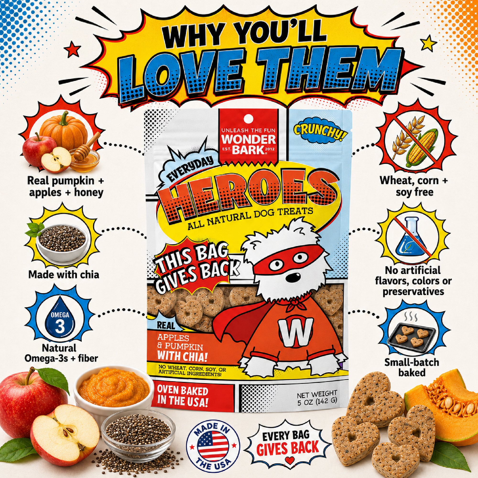 Heroes Dog Treats – Apples & Pumpkin, All-Natural, Small-Batch, USA Made