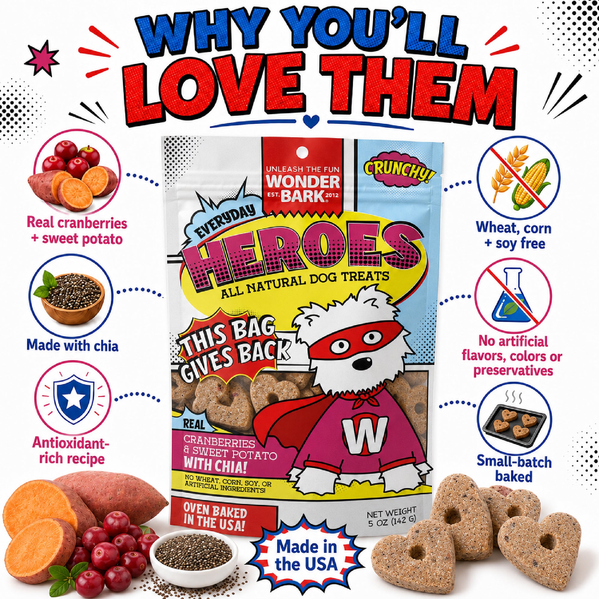 Heroes Dog Treats – Cranberries & Sweet Potato, All-Natural, Small-Batch, USA Made