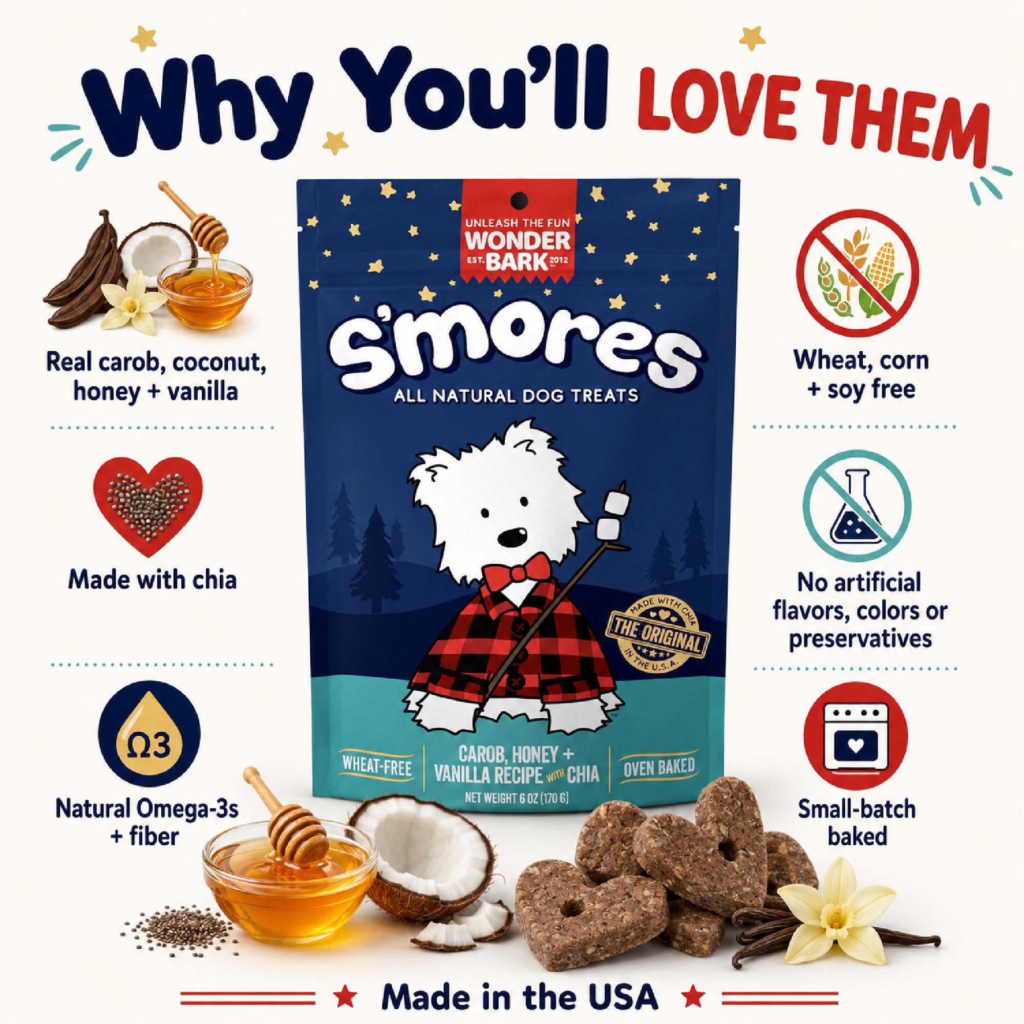 S’mores Baked Dog Treats – Carob, Coconut & Honey, All-Natural, USA Made